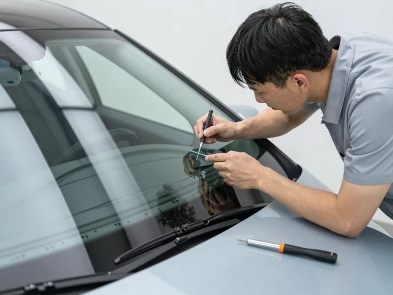 Werkzeuge und Materialien fuer die Autoglasreparatur liegen auf einer Werkbank