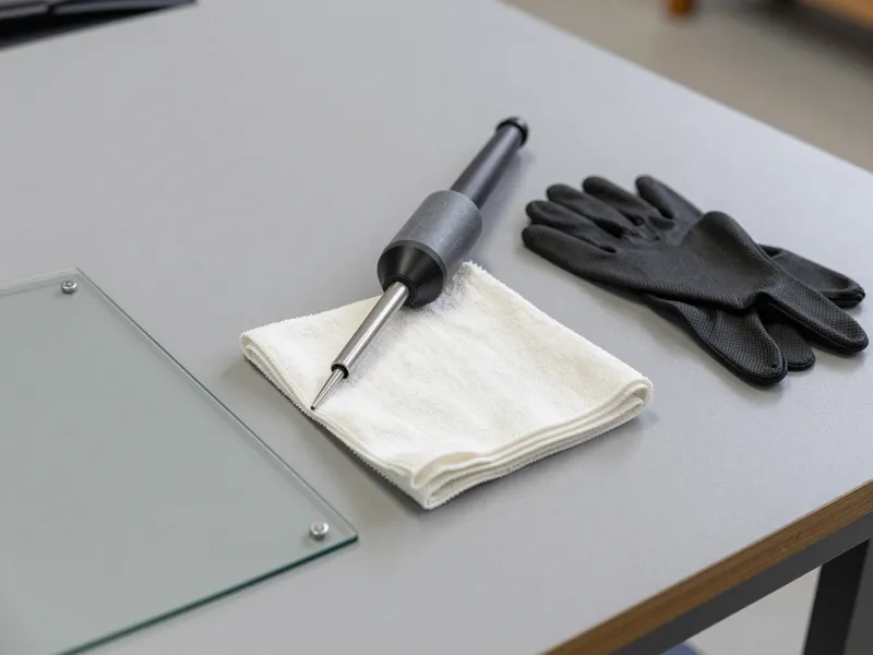 Werkzeuge und Materialien fuer die Autoglasreparatur liegen auf einer Werkbank