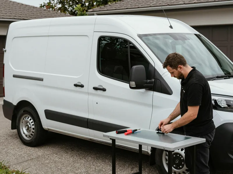 Werkzeuge und Materialien fuer die Autoglasreparatur liegen auf einer Werkbank