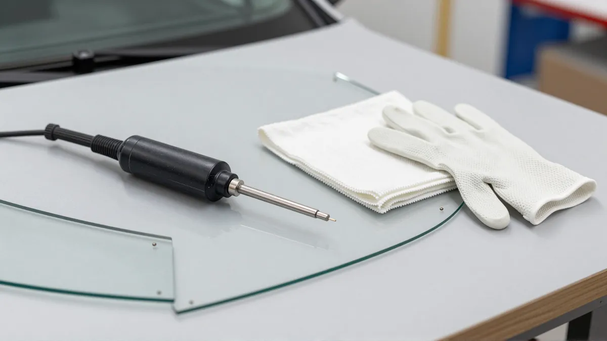Werkzeuge und Materialien fuer die Autoglasreparatur liegen auf einer Werkbank