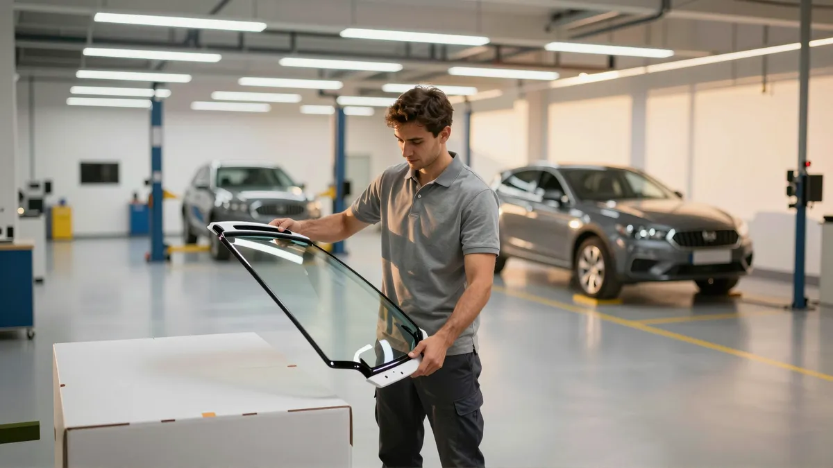 Ein Techniker entpackt eine neue Windschutzscheibe in einer sauberen, modernen Autoglaswerkstatt.