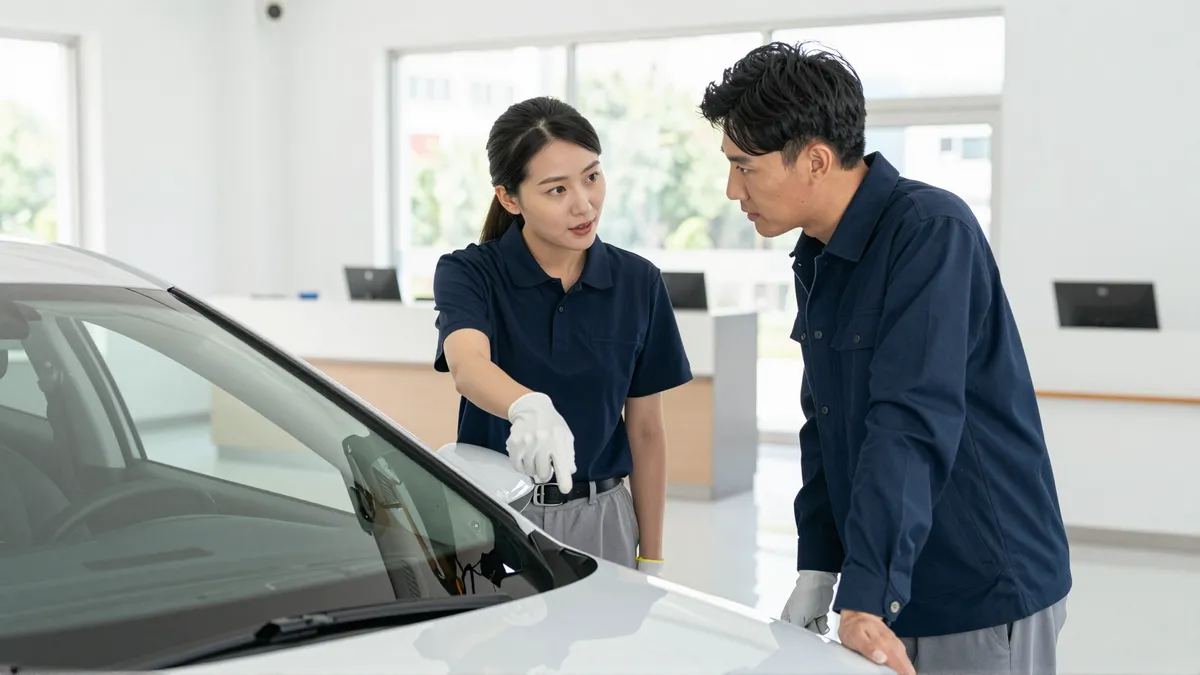 Eine Kundin und eine Automechanikerin besprechen eine Reparatur am Fahrzeug in einer hellen Werkstatt.