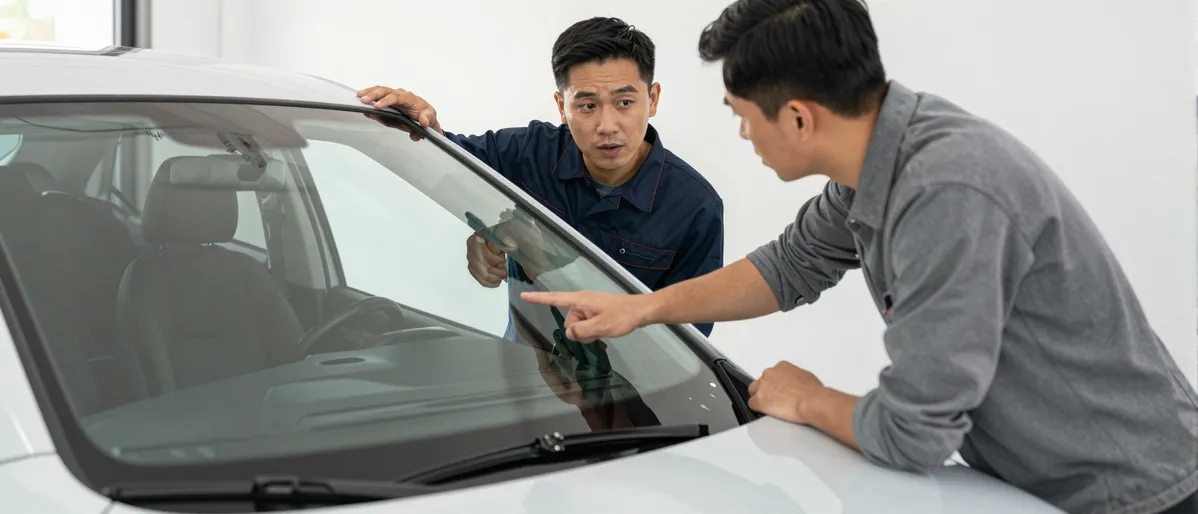 Ein Autoglas-Berater erklaert einem Kunden die Reparatur an einer Autoscheibe