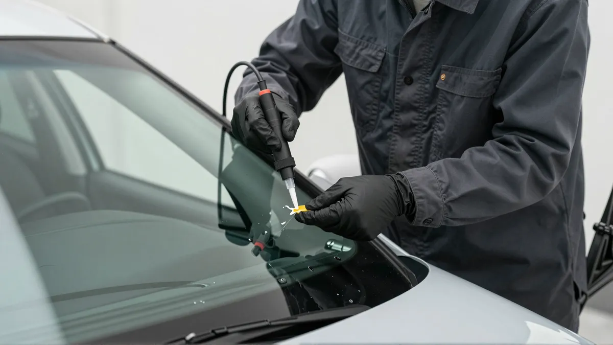 Werkzeuge und Materialien fuer die Autoglasreparatur liegen auf einer Werkbank