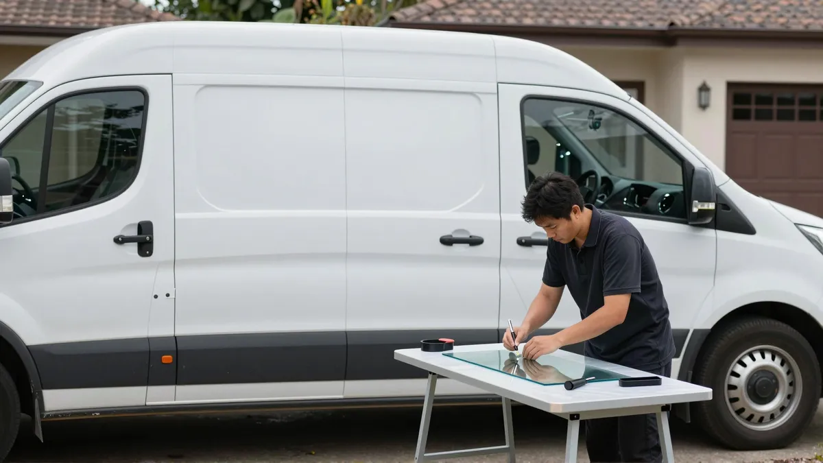 Werkzeuge und Materialien fuer die Autoglasreparatur liegen auf einer Werkbank