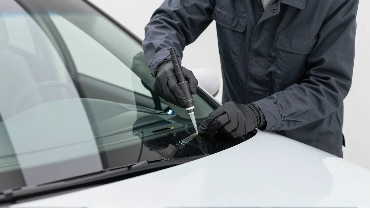 Werkzeuge und Materialien fuer die Autoglasreparatur liegen auf einer Werkbank