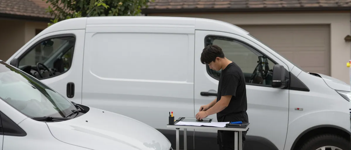 Werkzeuge und Materialien fuer die Autoglasreparatur liegen auf einer Werkbank