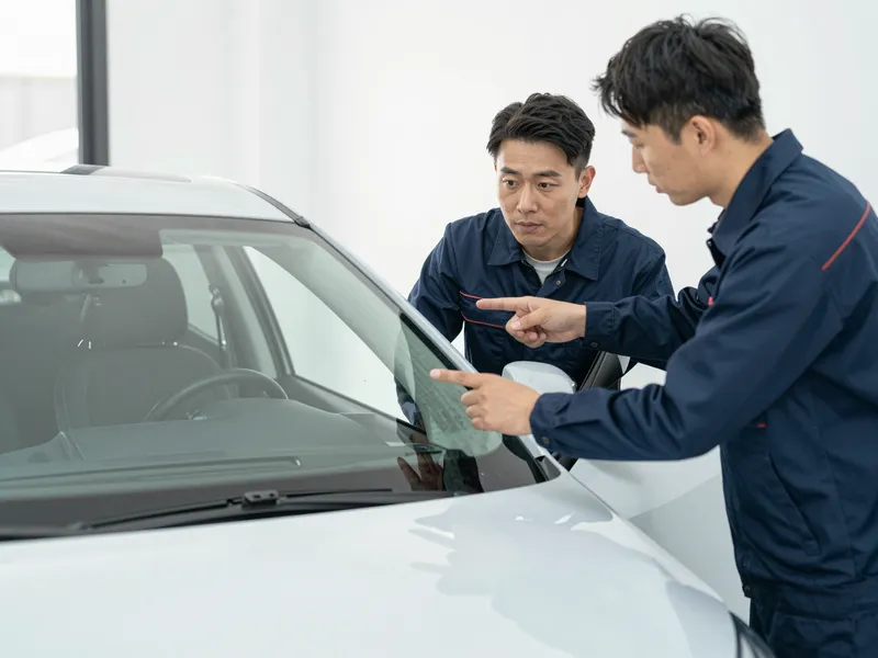 Ein Autoglas-Berater erklaert einem Kunden die Reparatur an einer Autoscheibe