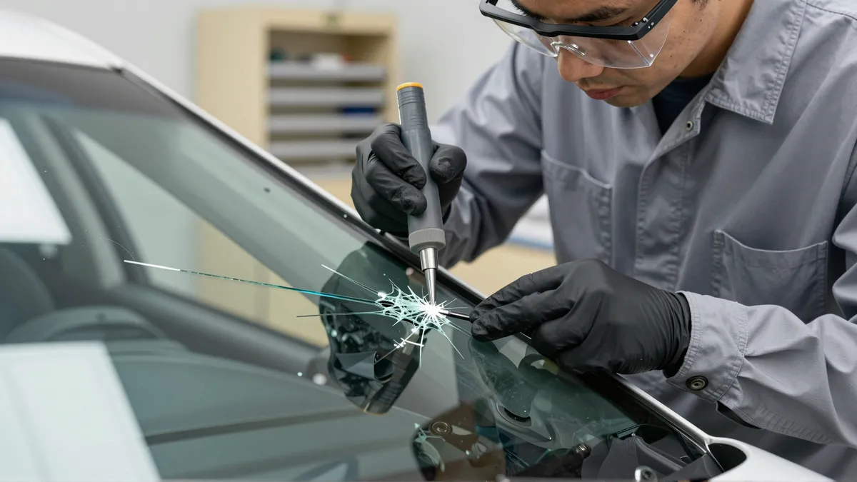 Ein Techniker repariert mit Harz einen sternförmigen Riss in einer Autoscheibe in einer Werkstatt.