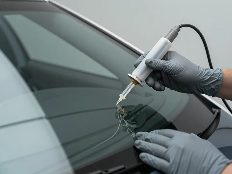 Zwei behandschuhte Hände reparieren mit einem Injektor einen kleinen Sternriss in einer Autoscheibe.