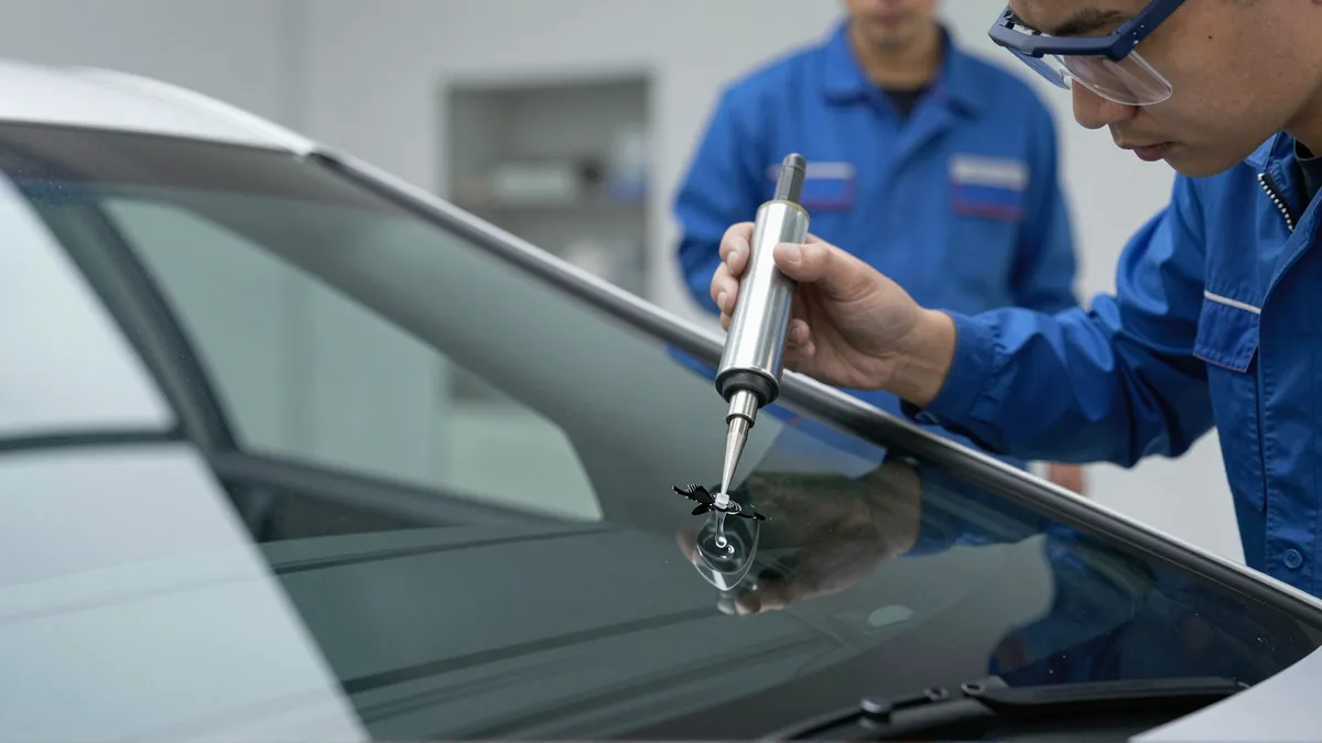 Ein Techniker repariert mit einem Spezialwerkzeug einen Steinschlag in einer Autoscheibe.