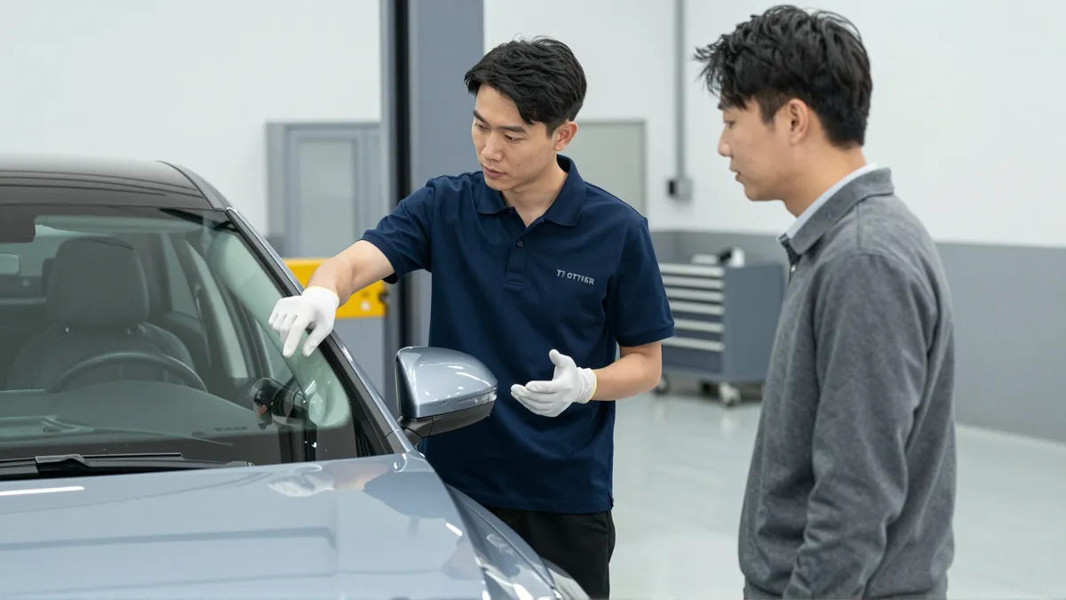 Ein Kfz-Glastechniker erklärt einem Kunden den Austausch einer Autoscheibe in einer sauberen Werkstatt.