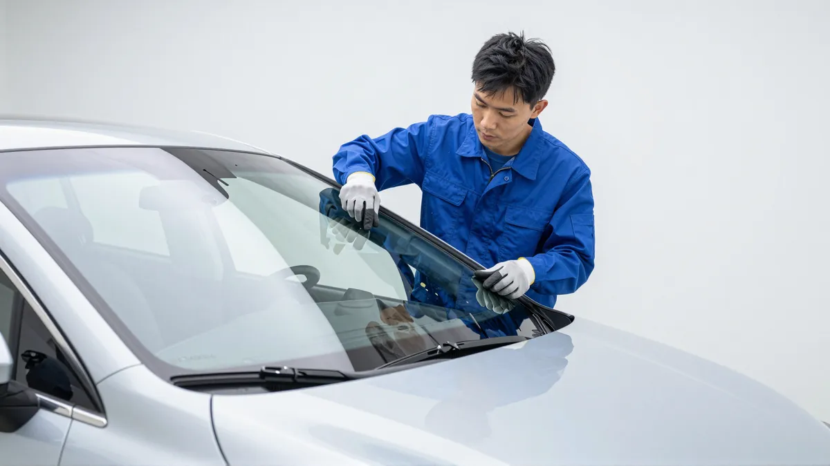 Ein Techniker in blauer Arbeitskleidung montiert eine Windschutzscheibe an einem modernen Auto in einer hellen Werkstatt.
