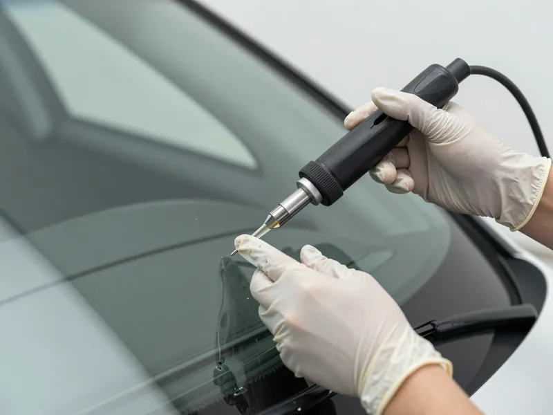 Ein Techniker repariert mit einem Spezialwerkzeug einen Steinschlag in einer Autoscheibe.