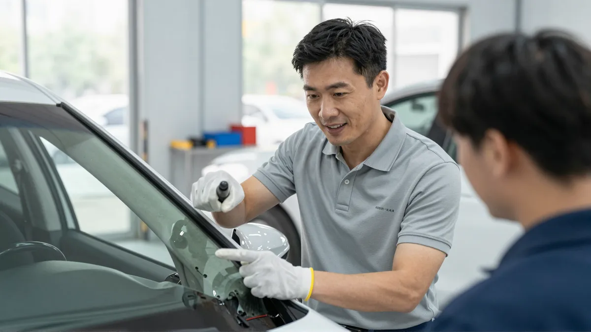 Ein Autoglas-Techniker erklärt einem Kunden in einer Werkstatt eine Windschutzscheibenreparatur.