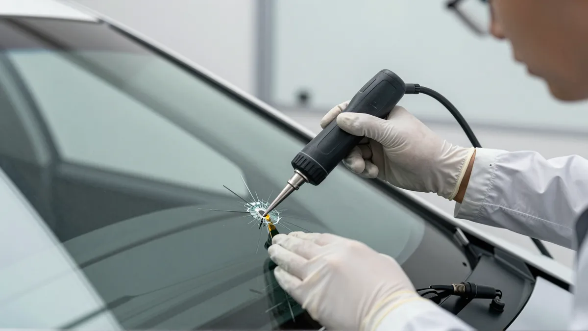 Eine Technikerhand repariert mit einem Spezialwerkzeug einen kleinen Riss in einer Autoscheibe.