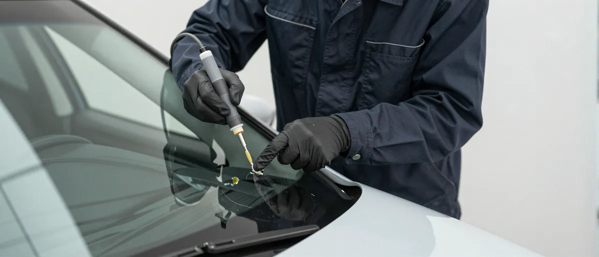 Werkzeuge und Materialien fuer die Autoglasreparatur liegen auf einer Werkbank