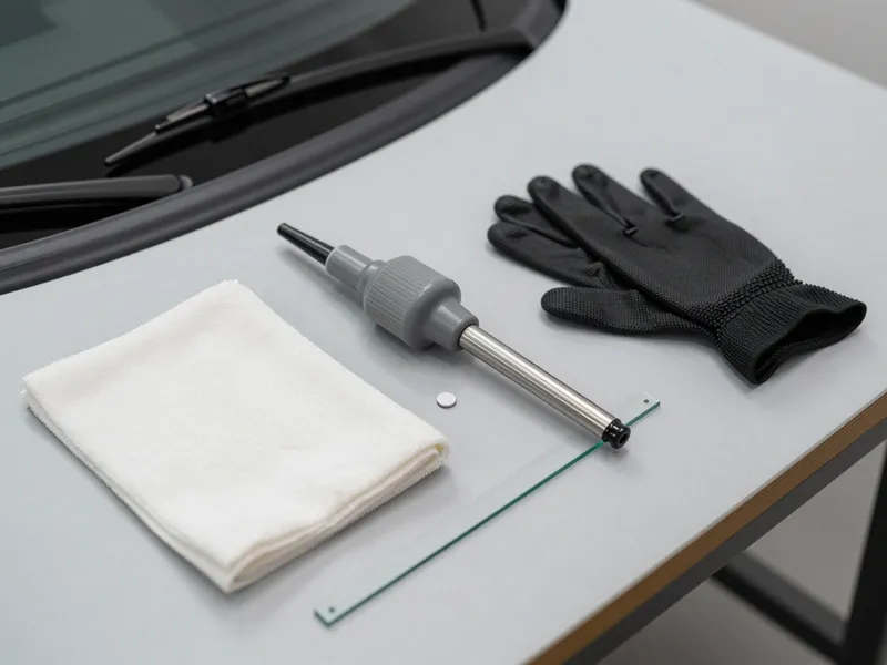 Werkzeuge und Materialien fuer die Autoglasreparatur liegen auf einer Werkbank