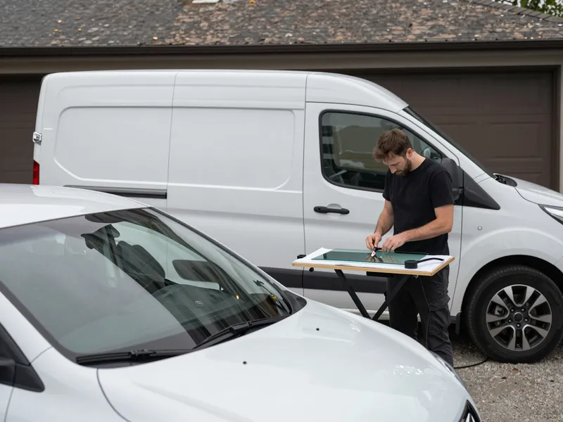 Werkzeuge und Materialien fuer die Autoglasreparatur liegen auf einer Werkbank