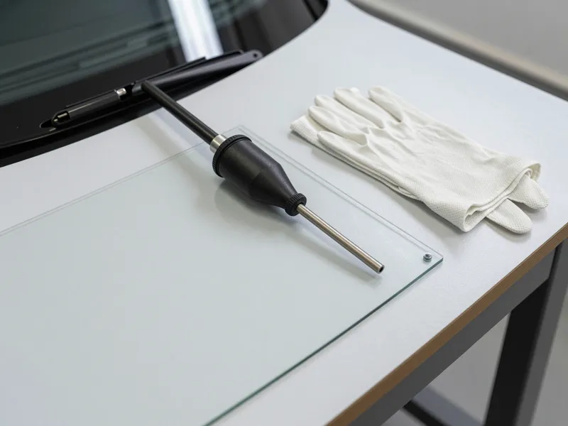 Werkzeuge und Materialien fuer die Autoglasreparatur liegen auf einer Werkbank