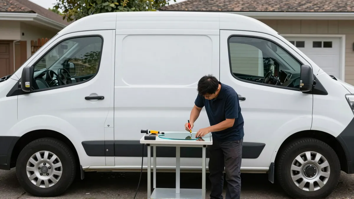 Werkzeuge und Materialien fuer die Autoglasreparatur liegen auf einer Werkbank