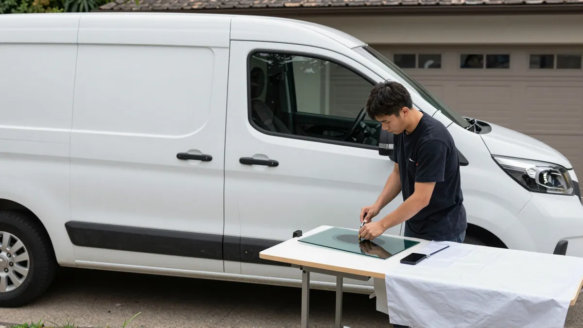 Werkzeuge und Materialien fuer die Autoglasreparatur liegen auf einer Werkbank