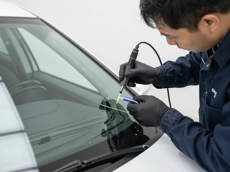 Werkzeuge und Materialien fuer die Autoglasreparatur liegen auf einer Werkbank