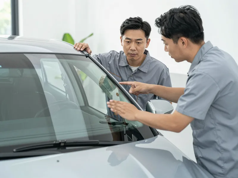Ein Autoglas-Berater erklaert einem Kunden die Reparatur an einer Autoscheibe