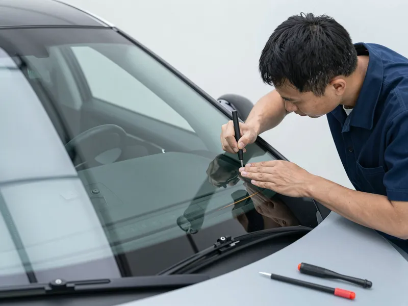Werkzeuge und Materialien fuer die Autoglasreparatur liegen auf einer Werkbank
