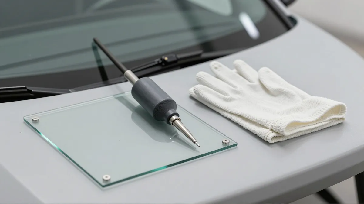 Werkzeuge und Materialien fuer die Autoglasreparatur liegen auf einer Werkbank