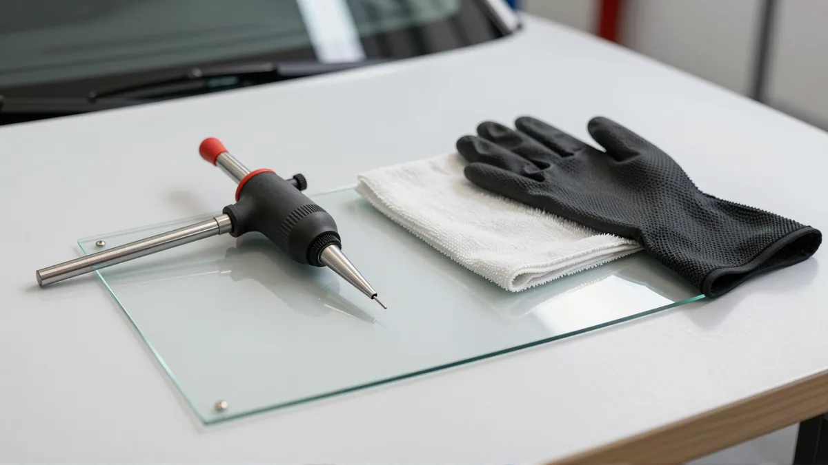 Werkzeuge und Materialien fuer die Autoglasreparatur liegen auf einer Werkbank