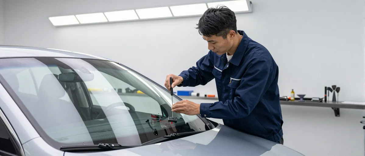Ein Techniker montiert konzentriert eine neue Windschutzscheibe an einem silbernen Auto in einer sauberen Werkstatt.