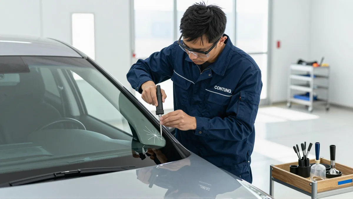 Ein Techniker in blauer Arbeitskleidung repariert präzise einen Riss in der Windschutzscheibe eines Autos.