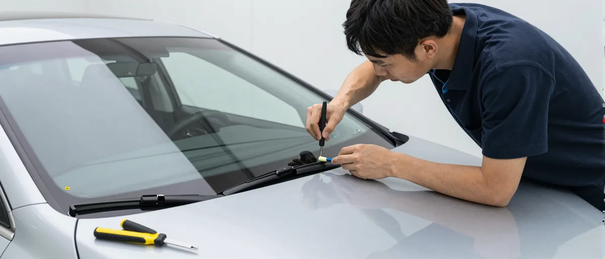 Werkzeuge und Materialien fuer die Autoglasreparatur liegen auf einer Werkbank