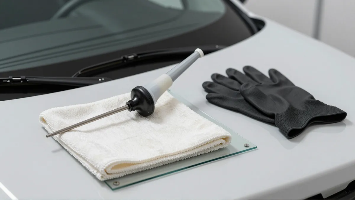 Werkzeuge und Materialien fuer die Autoglasreparatur liegen auf einer Werkbank