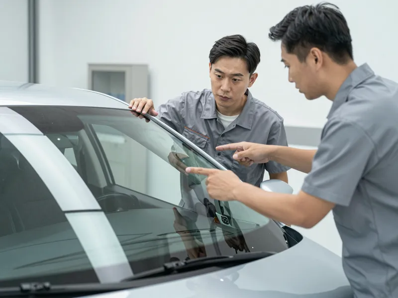 Ein Autoglas-Berater erklaert einem Kunden die Reparatur an einer Autoscheibe