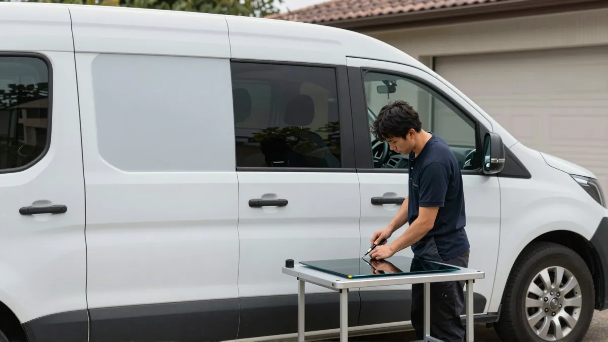 Werkzeuge und Materialien fuer die Autoglasreparatur liegen auf einer Werkbank