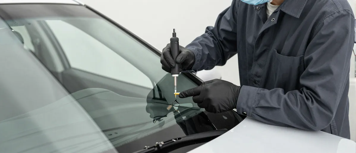 Ein Handwerker repariert einen Steinschlag in einer Autoscheibe mit Harz in einer hellen Werkstatt.