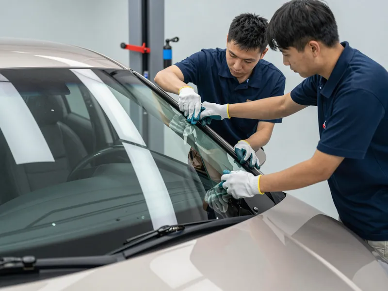 Zwei Techniker montieren gemeinsam eine neue Windschutzscheibe in einem hellen Autowerkstatt.