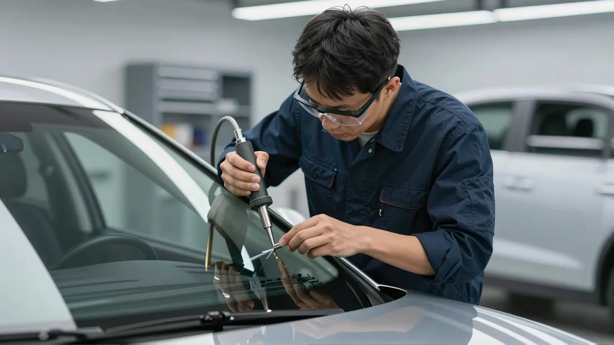 Ein Techniker repariert mit einem Spezialwerkzeug einen Steinschlag in einer Autoscheibe.