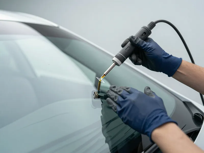 Facharbeiterhände injizieren Harz in einen kleinen Sternriss in einer Autoscheibe in einer Werkstatt.