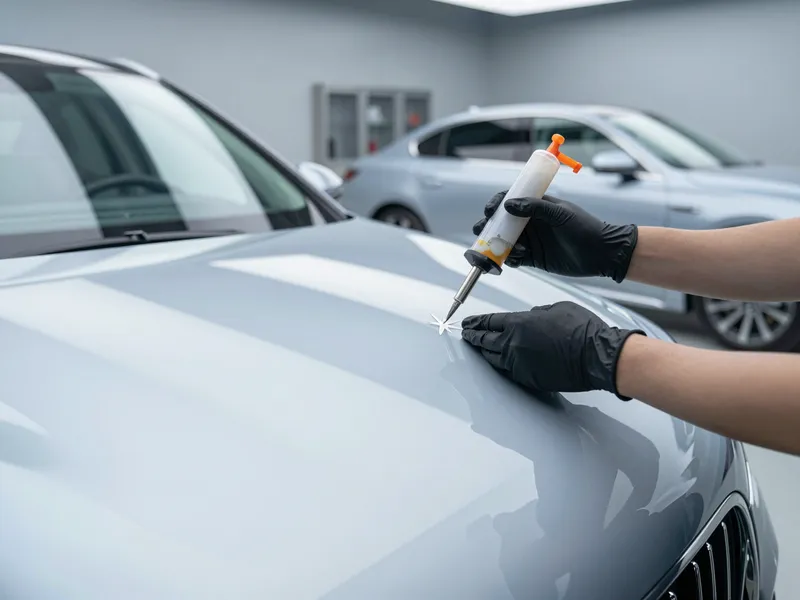 Ein Techniker repariert mit klarem Harz einen kleinen Sternriss in der Windschutzscheibe eines Luxusautos.