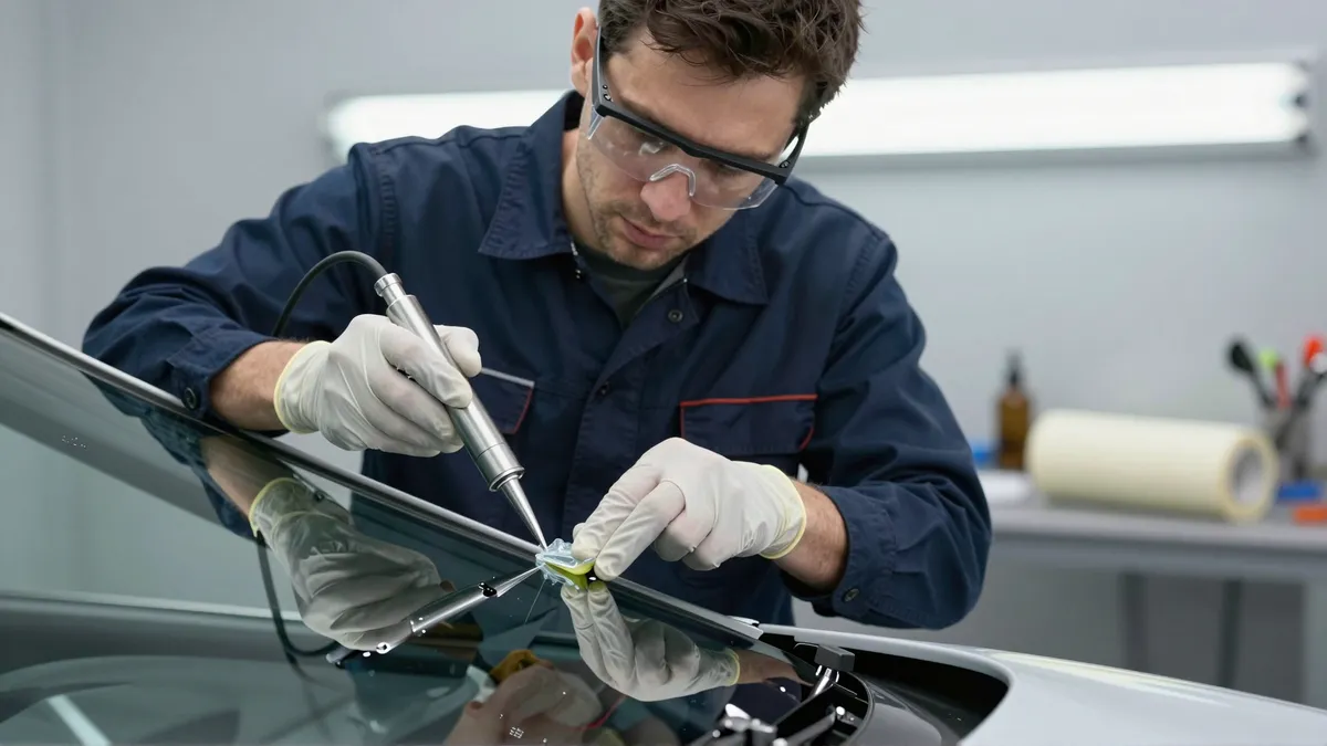 Ein Techniker in blauer Arbeitskleidung repariert mit Harz einen Steinschlag in einer Autoscheibe.