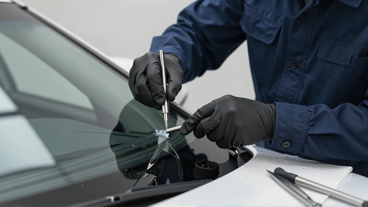 Ein Techniker repariert mit Harz einen kleinen Steinschlag in einer Autoscheibe in einer Werkstatt.