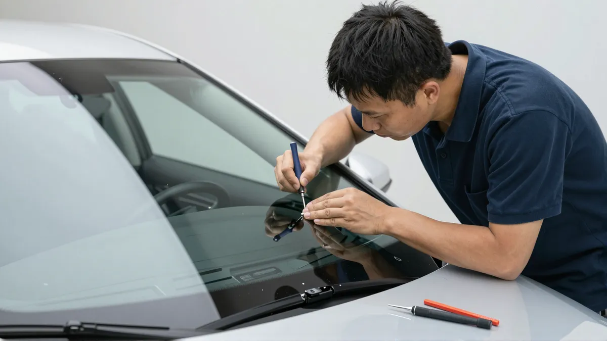 Werkzeuge und Materialien fuer die Autoglasreparatur liegen auf einer Werkbank