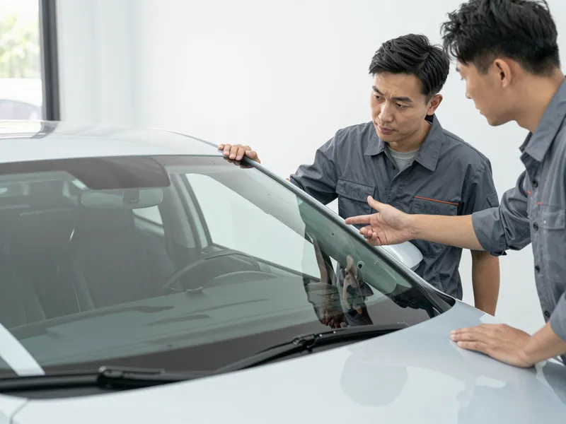 Ein Autoglas-Berater erklaert einem Kunden die Reparatur an einer Autoscheibe