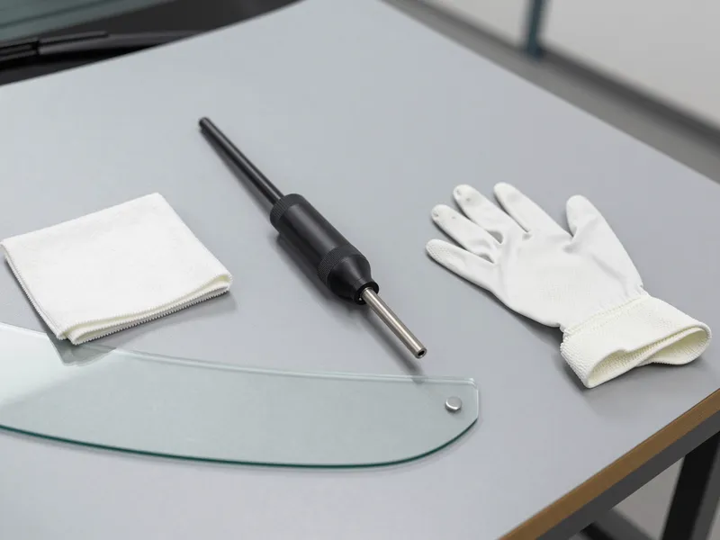 Werkzeuge und Materialien fuer die Autoglasreparatur liegen auf einer Werkbank
