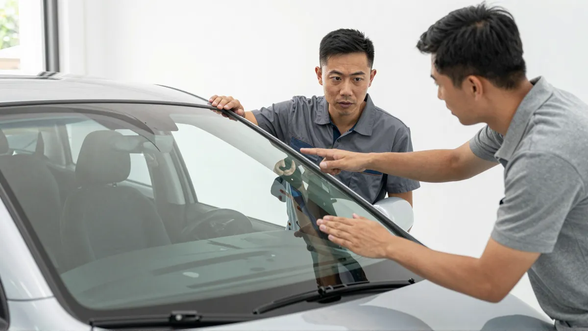 Ein Autoglas-Berater erklaert einem Kunden die Reparatur an einer Autoscheibe