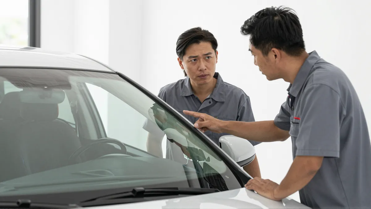 Ein Autoglas-Berater erklaert einem Kunden die Reparatur an einer Autoscheibe