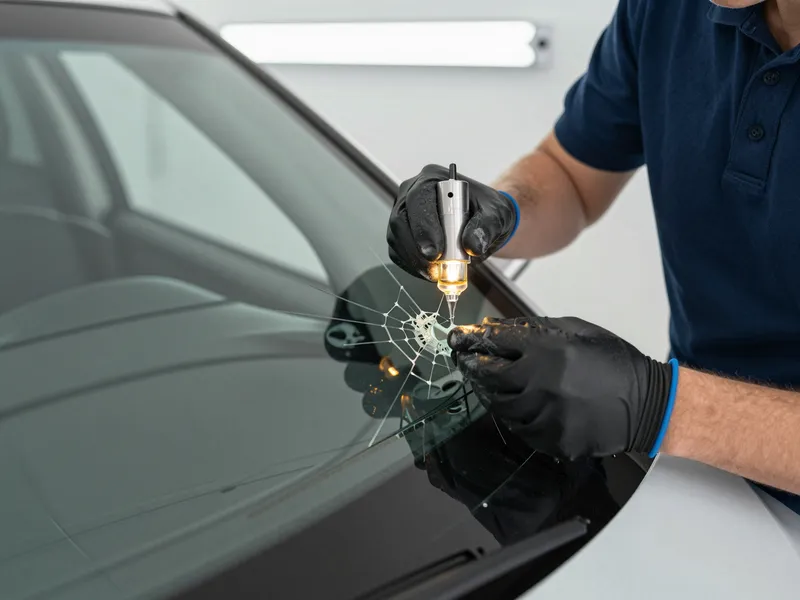 Ein Techniker trägt mit einer Spritze klaren Harz in einen sternförmigen Riss in einer Autoscheibe ein.